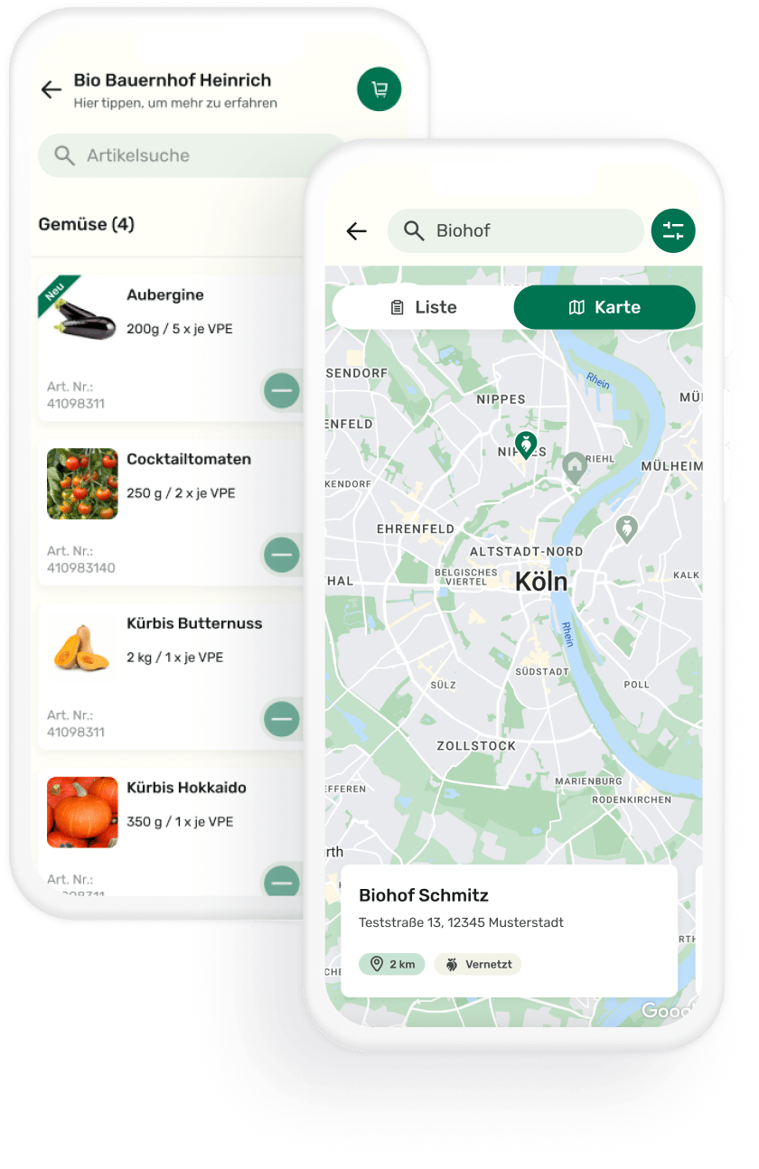 Two overlapping smartphone screens show a shopping list of vegetables and a map with a search function for a location in Cologne.